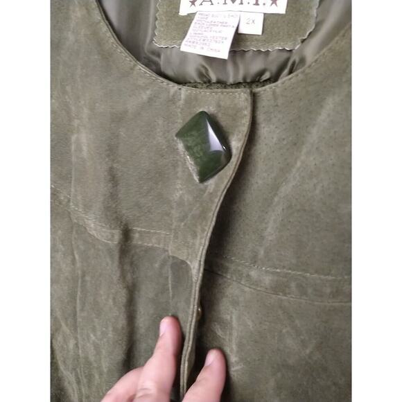 A.M.I. Woman 2X Jacket/ Sweater Green Snap 100 Leather Front Pocket Lined - Picture 5 of 12